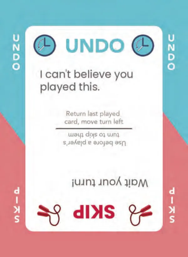 “I can't believe you played this.” / “Wait your turn!” — Dramanoes annoy card