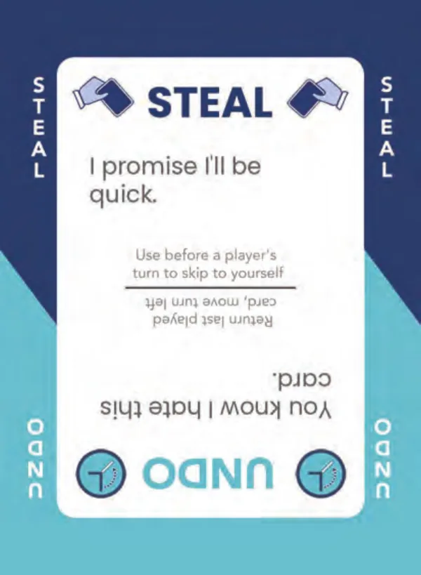 “I promise I'll be quick.” / “You know I hate this card.” — Dramanoes annoy card
