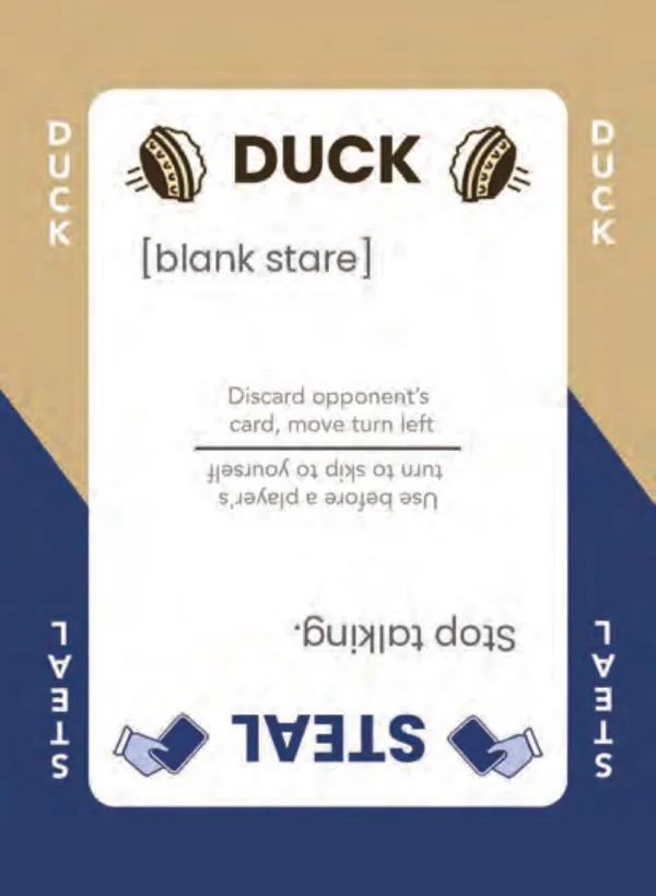 “[blank stare]” / “Stop talking.” — Dramanoes annoy card