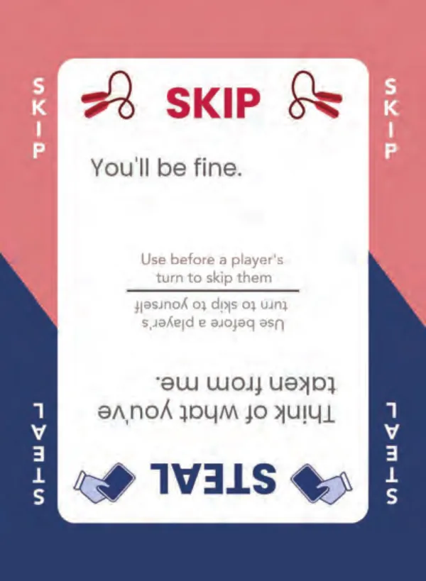 “You'll be fine.” / “Think of what you've taken from me.” — Dramanoes annoy card