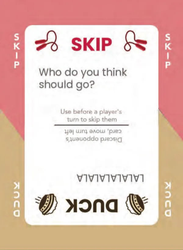 “Who do you think should go?” / “LALALALALALA” — Dramanoes annoy card