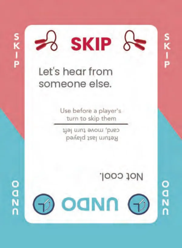 “Let's hear from someone else.” / “Not cool.” — Dramanoes annoy card
